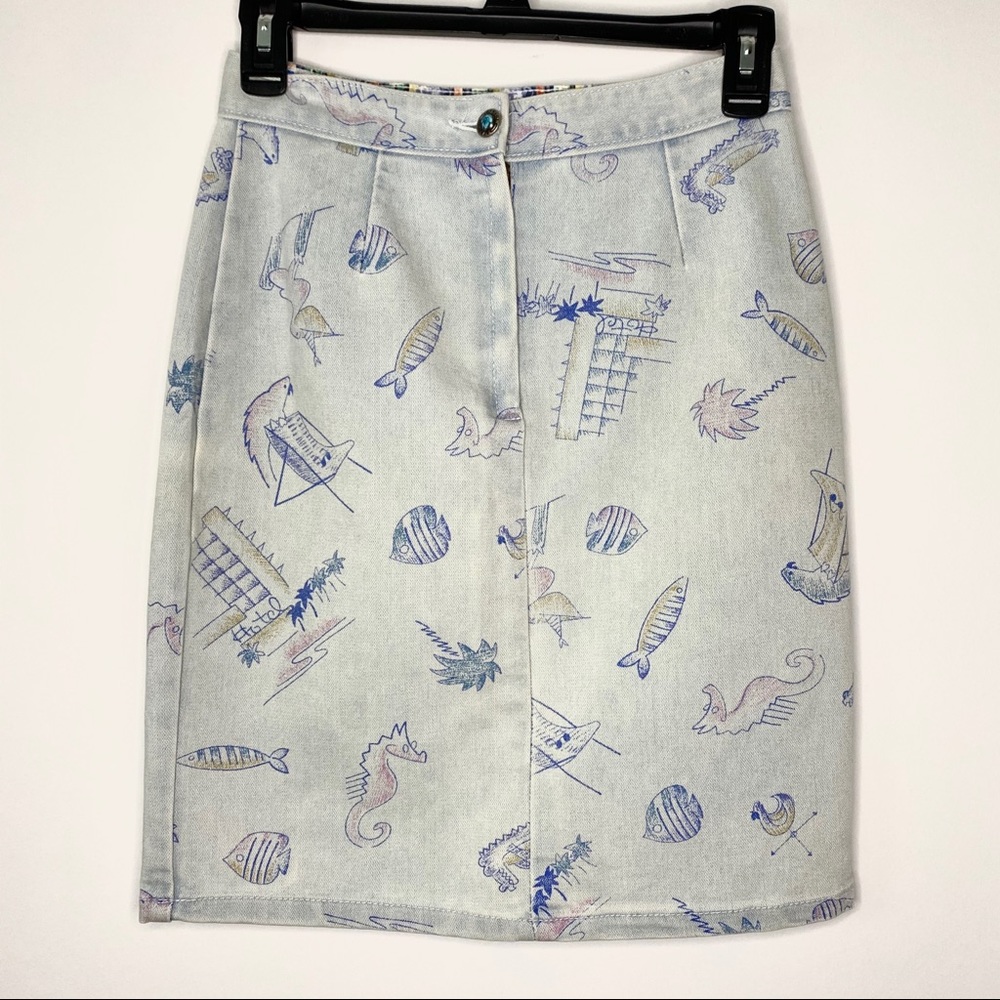 Vintage Braxton Jean Skirt Stretch Tropical Print
